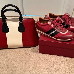 Bally Red, Pink, and White Sneakers with Black Accents and Matching Bag